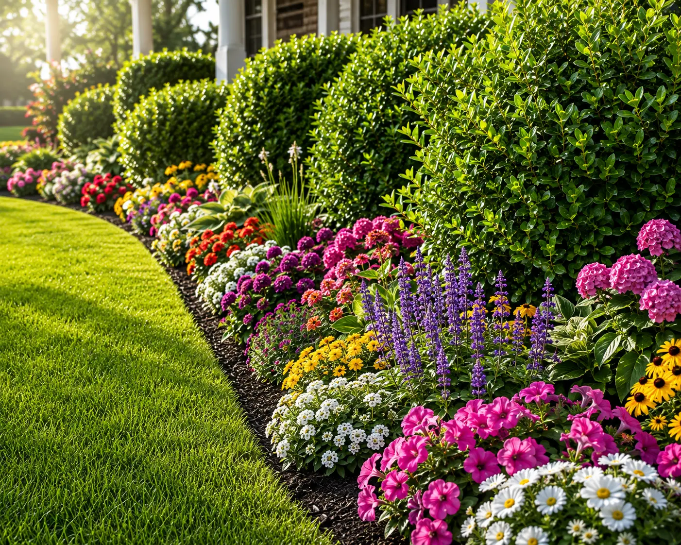 Colorful flower bed with trimmed shrubs bordering a healthy mowed lawn